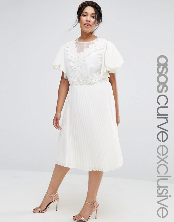 Asos Curve Pleated Skirt Midi Dress With Crochet And Organza Detail - Cream