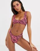 Asos Design Mix And Match Crinkle V Front Crop Bikini Top In Pink Zebra