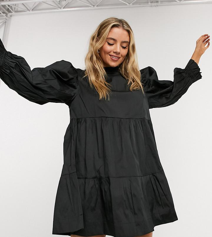 Collusion High Frill Neck Tiered Taffeta Mini Dress In Black