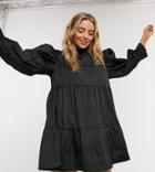 Collusion High Frill Neck Tiered Taffeta Mini Dress In Black