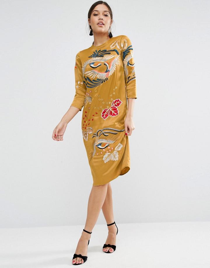 Asos Mustard Embroidered Long Sleeve Shift Dress - Yellow