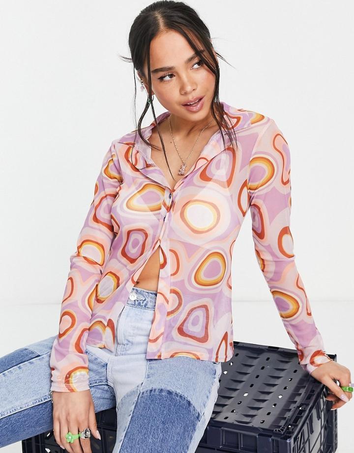 Another Reason Y2k Fitted Mesh Shirt In Pink Abstract Graphic