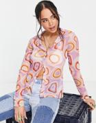 Another Reason Y2k Fitted Mesh Shirt In Pink Abstract Graphic