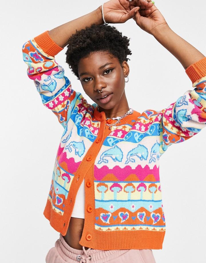 Asos Design Crew Neck Cardi In Dolphin And Mushroom Pattern-multi