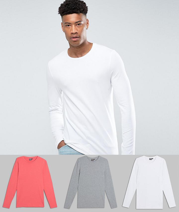 Asos Tall Muscle Fit Long Sleeve T-shirt 3 Pack Save - Multi