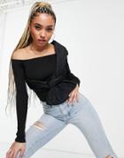 Na-kd Cable Bow Detail Off Shoulder Knit Sweater In Black-neutral