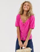 Asos Design Tea Blouse In Broderie-pink