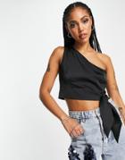 Lola May Satin One Shoulder Tie Side Crop Top In Black - Part Of A Set