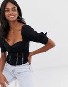 Fashion Union Structured Coset Top With Tie Sleeve Detail - Black