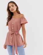 River Island Button Through Blouse With Capped Sleeves In Rose Pink