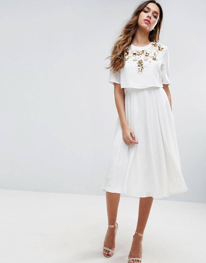 Asos Embellished Crop Top Midi Skater Dress - Beige