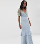 Virgos Lounge Tall Plunge Front Embellished Tiered Maxi Dress With Train In Ice Blue - Blue
