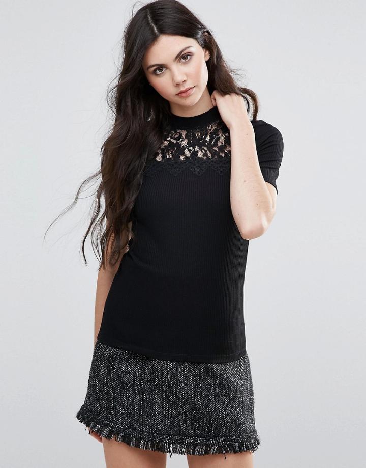 Vila Short Sleeve Sweater With Lace Panel - Black