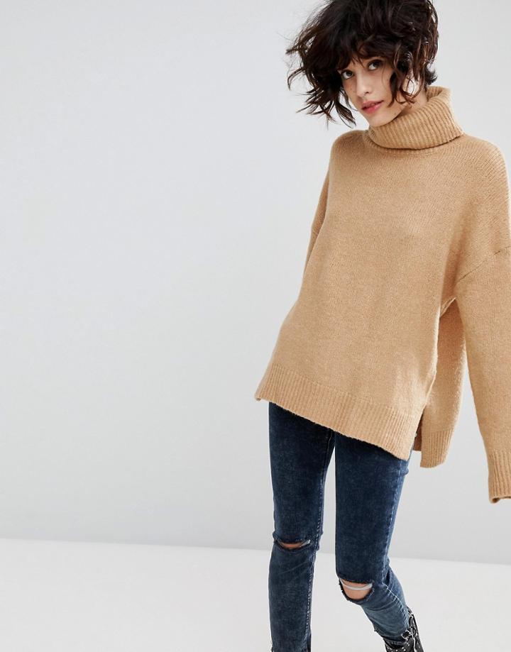 Stradivarius High Neck Camel Sweater - Tan