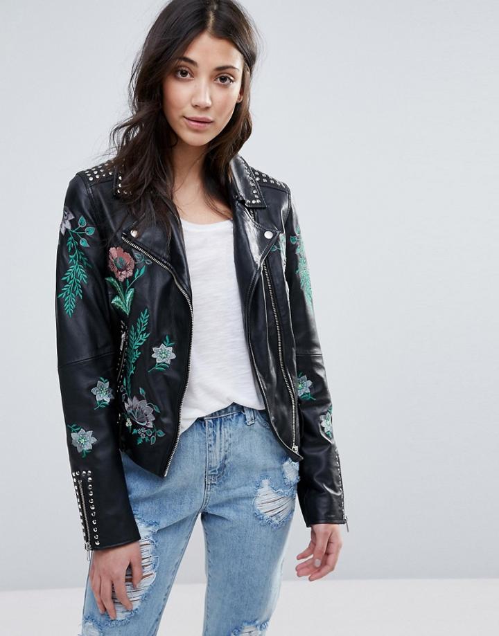 Barney's Original Embroidered Biker Jacket - Black
