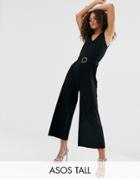 Asos Design Tall Plunge Belted Buckle Sleeveless Jumpsuit-black