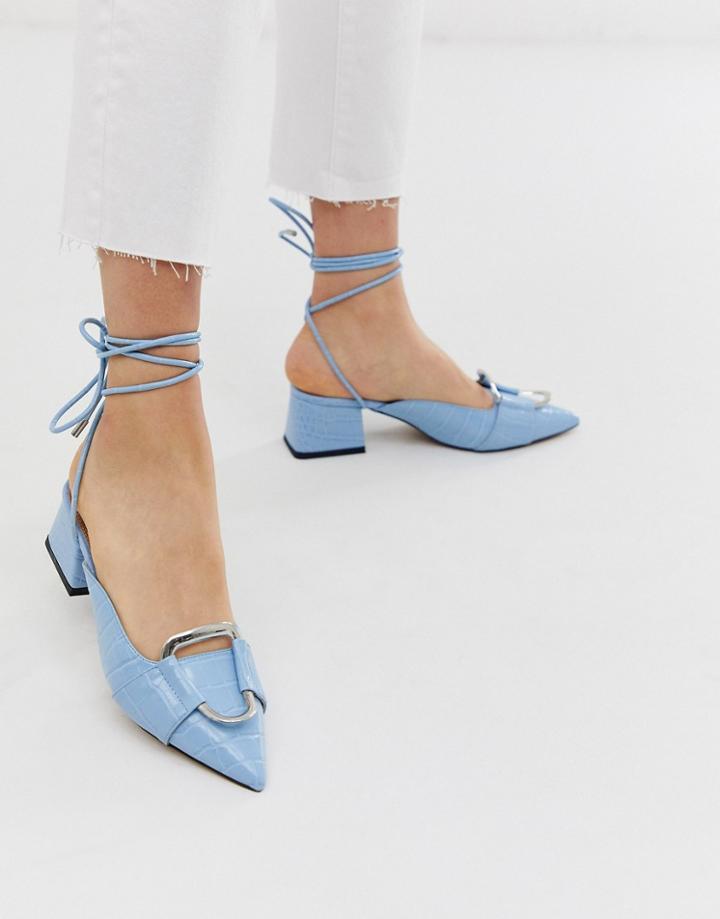 Asos Design Subtract Ring Detail Mid-heels In Blue Croc