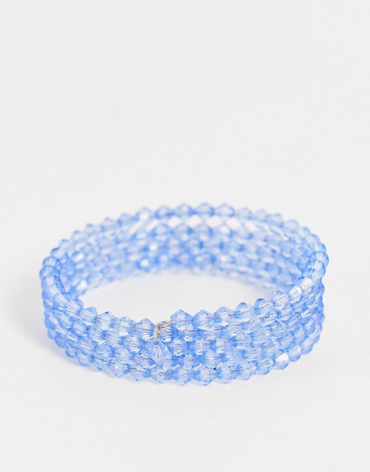 Asos Design Cuff Bracelet With Blue Faceted Beads In Wraparound Design