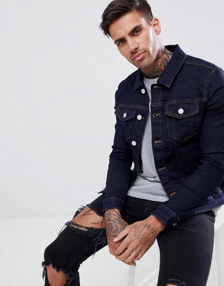 River Island Muscle Fit Denim Jacket In Dark Wash Blue - Blue