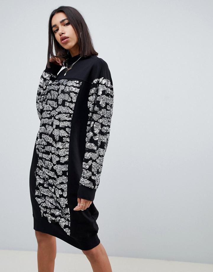 Asos Design Sequin Animal Oversized Sweat Dress-black