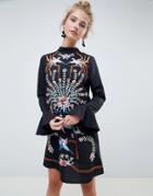 Asos Design Embroidered Mini Shift Dress With Fluted Sleeve - Black