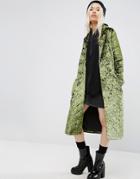Asos Longline Coat In Quilted Velvet - Green