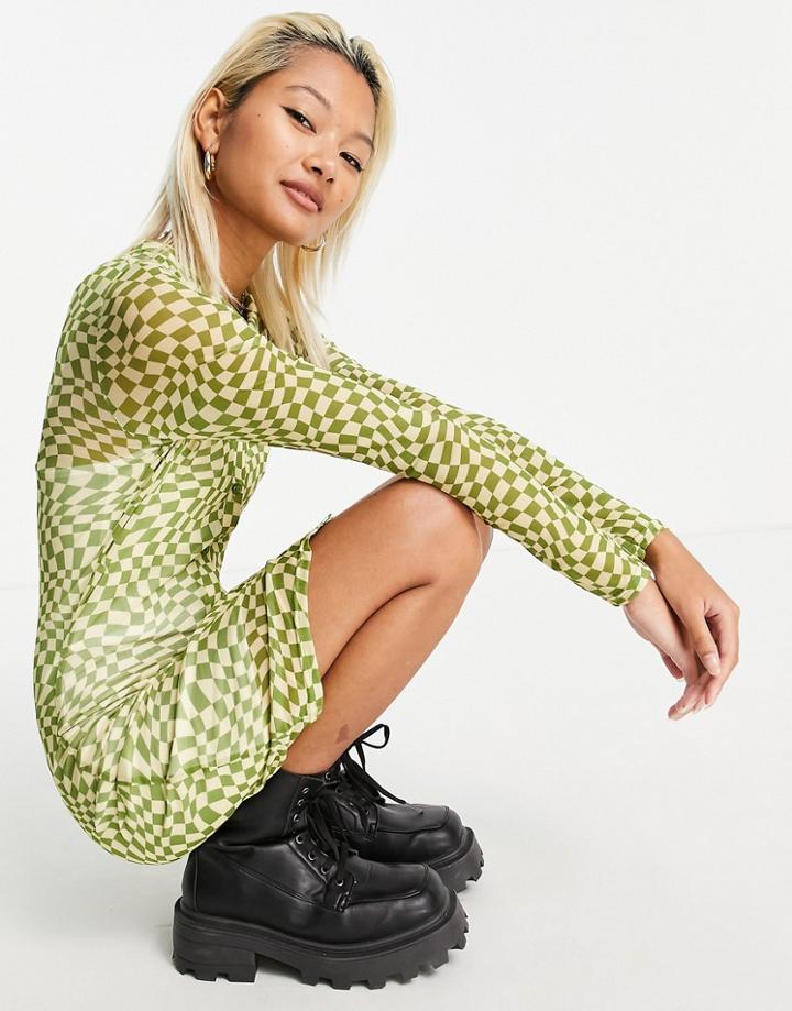 Daisy Street Long Sleeve Button Front Dress In Wavy Checkerboard Mesh-multi