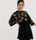 Asos Design Petite Embroidered Smock Dress - Black