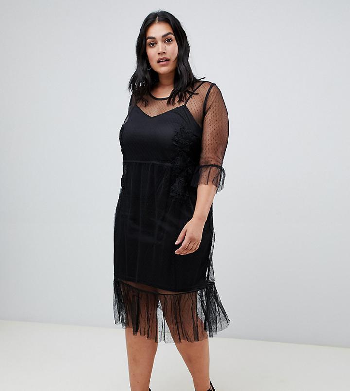 Koko Fringe Sheer Dress With Embroidery - Black