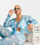 Daisy Street Plus Long Sleeve Tie Front Crop Top In Butterfly Mesh - Part Of A Set-blue
