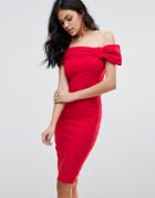 City Goddess Bardot Midi Dress With Bow Detail - Red