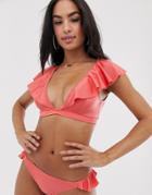 Asos Design Flutter Sleeve Plunge Crop Bikini Top In Shiny Orange - Orange