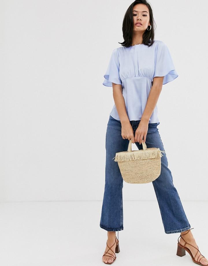 Asos Design Top With Flutter Sleeve In Satin - Blue