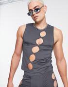 Asos Design Cropped Muscle Tank Top With Front Cut Outs In Gray - Part Of A Set