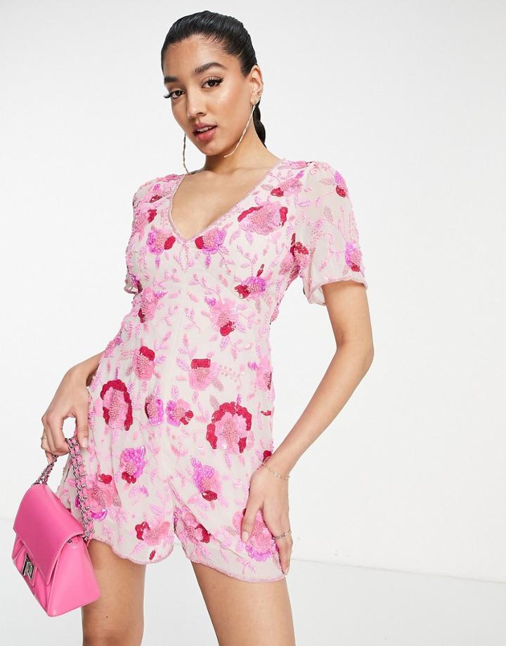 Miss Selfridge Sequin Angel Sleeve Backless Romper In Pink Floral