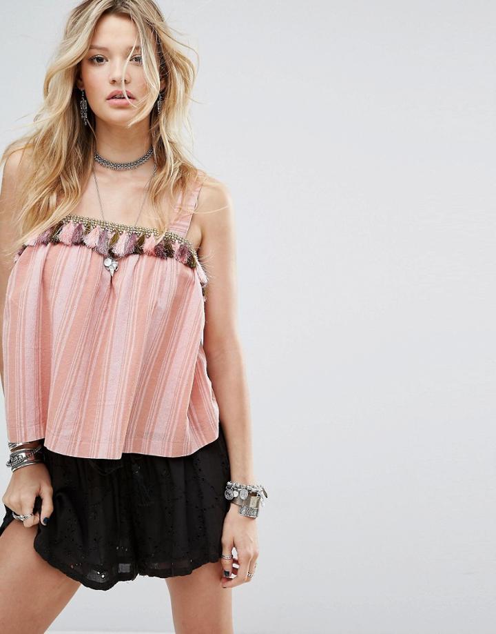 Honey Punch Cami Top In Woven Stripe With Tassel Trim - Multi