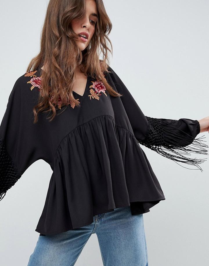 Asos Embroidered Smock Top With Fringe - Black