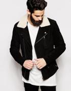 Asos Leather Jacket With Faux Shearling - Black