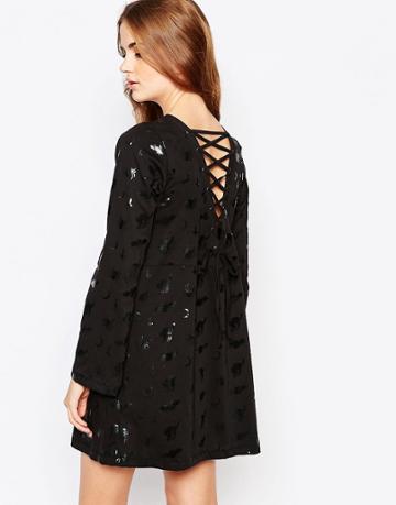 Worn By Halloween Witches Dress With Flared Sleeve & Lace Up Back - Black