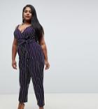 Asos Design Curve Wrap Jumpsuit With Self Belt In Navy Stripe - Multi