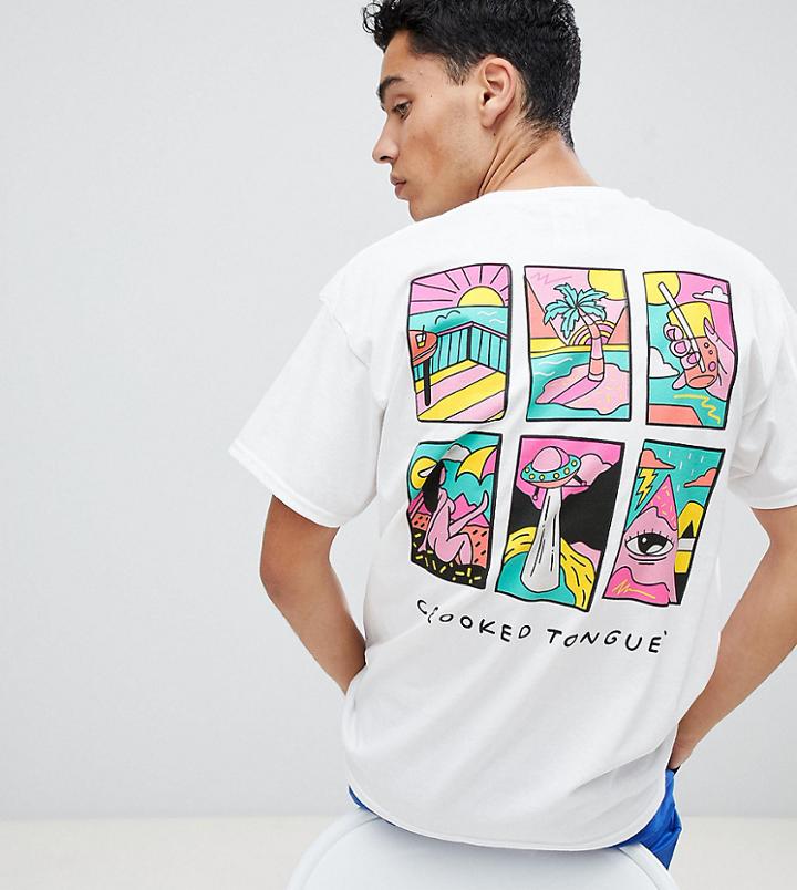Crooked Tongues Oversized T-shirt In White With Grid Print - White