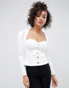 Asos Design Sweetheart Neck Top With Puff Sleeve And Gold Button Detail - Multi