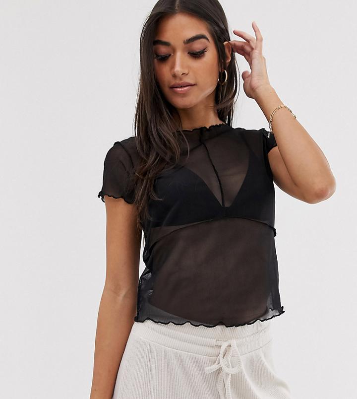 Asos Design Petite Top In Mesh With Cap Sleeve And Seam Detail-black