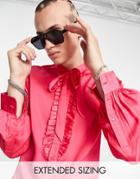 Asos Design Satin Shirt With Pussybow Tie Neck And Ruffles In Bright Pink - Bpink