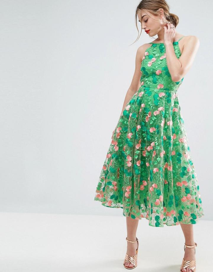 Asos Salon Floral Embroidered Backless Pinny Midi Prom Dress - Multi