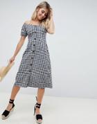 Asos Design Button Through Midi Off Shoulder Dress In Gingham - Multi