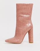 Simmi London Katarina Blush Croc Block Heeled Calf Boots - Pink
