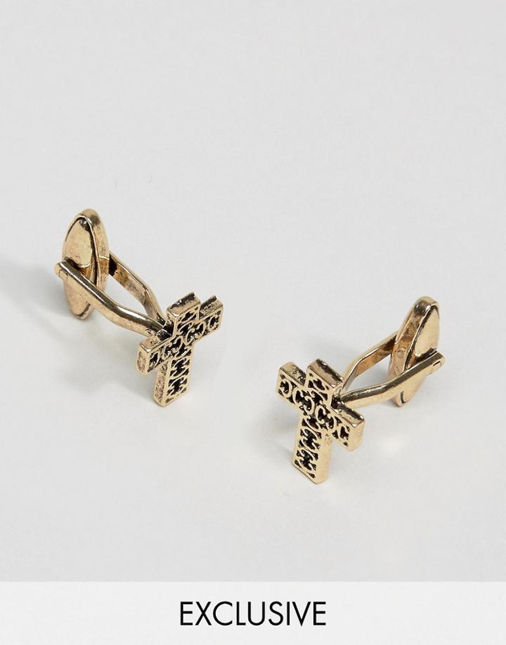 Designb London Cross Cufflinks In Antiqued Gold - Gold