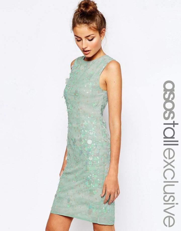 Asos Tall Midi Printed Shift Dress With Embellishment