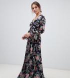Asos Design Petite Pleated Wrap Maxi Dress With Ruffle In Floral Print - Multi